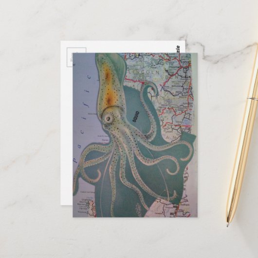 Postale Poulpe Rétro et Collage de Carte (Devant/Arrière en situation)