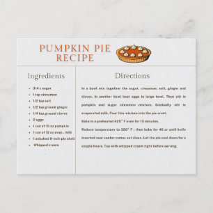 Postale Recette citrouille à tarte Carte Thanksgiving et N