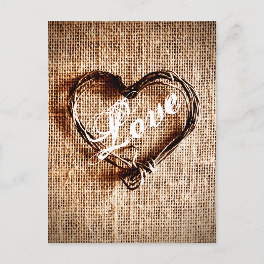 Postale Rustic Twine Heart Burlap Imprimer LOVE Carte post (Devant)