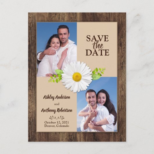 Postale Rustic Wood Daisy Photo Enregistrer la date Carte  (Devant)