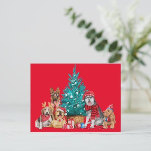 Postale Sacoche de Noël de chiens sous l'arbre carte posta (Debout devant)