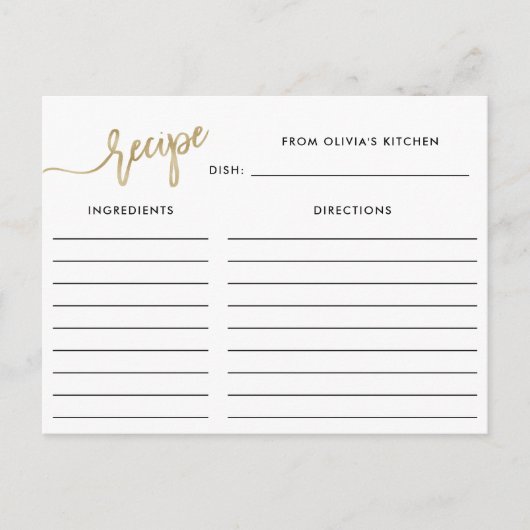 Postale Script manuscrit Faux Gold | Carte de recette (Devant)