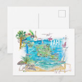 Postale Tahiti Carte de voyage illustrée avec routes (Devant / Derrière)