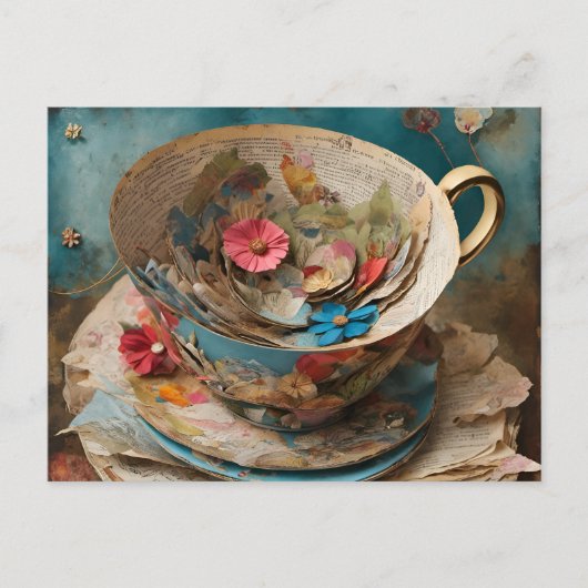 Postale Teacup de papier rempli avec des fleurs carte post (Devant)