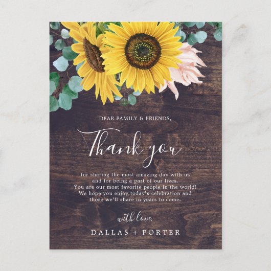 Postale Tournesol rustique | Carte de réception Merci bois (Devant)