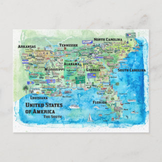 Postale USA Southern States Travel Carte Floride Louisiane