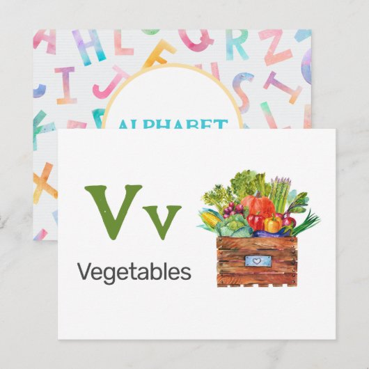 Postale V est pour les légumes - Carte Flash Alphabet (Devant / Derrière)