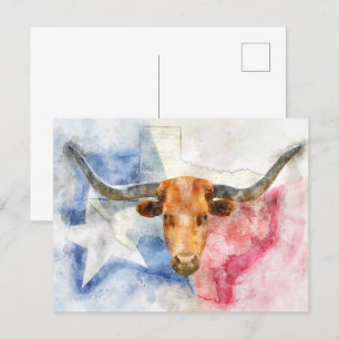 Postale Vache Longhorn avec carte du Texas et drapeau Aqua