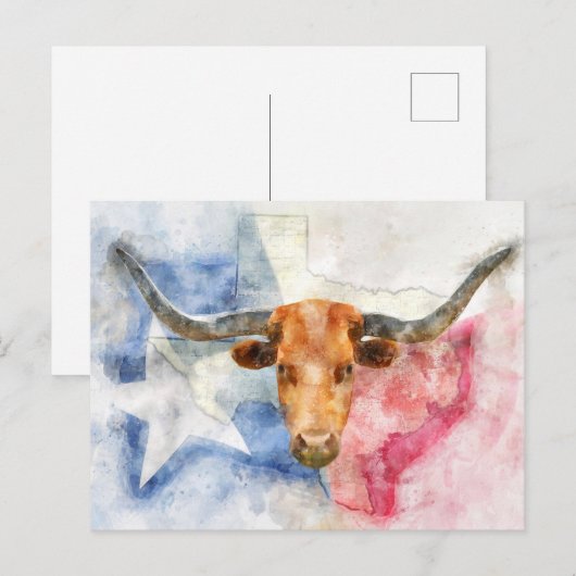 Postale Vache Longhorn avec carte du Texas et drapeau Aqua (Devant / Derrière)