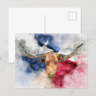 Postale Vache Longhorn avec Texas Drapeau Carte Aquarelle
