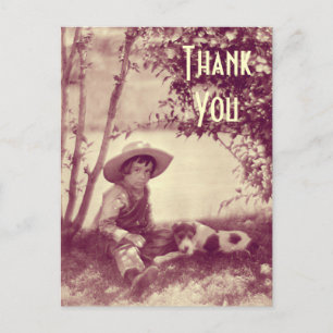 Postale Vintage Garçon avec chien au repos Merci carte pos