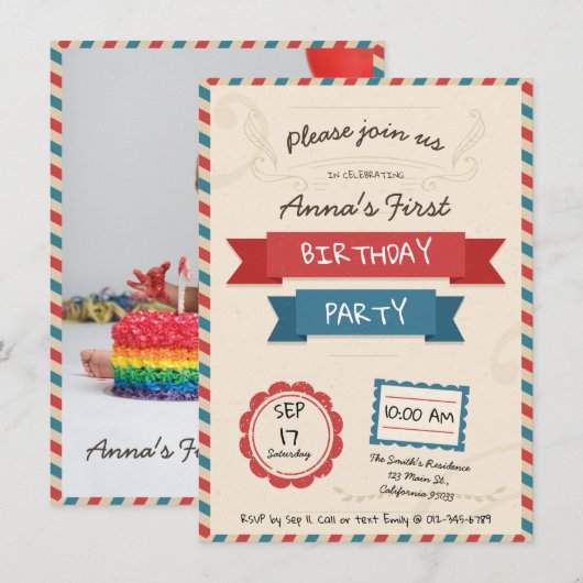 Postenveloppe. Verjaardagsuitnodiging. Kaart (Voorkant / Achterkant)