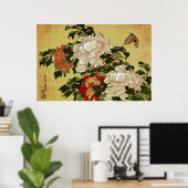 Poster 北 斎 Hokusai Peonies & Papillons (Bureau à domicile)