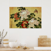 Poster 北 斎 Hokusai Peonies & Papillons (Cuisine)