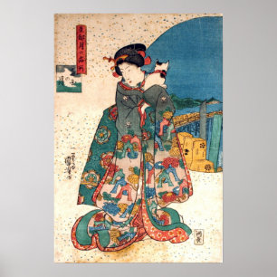 Poster 少 女 と 猫, 国 fille avec chat, Kuniyoshi, Ukiyo-e