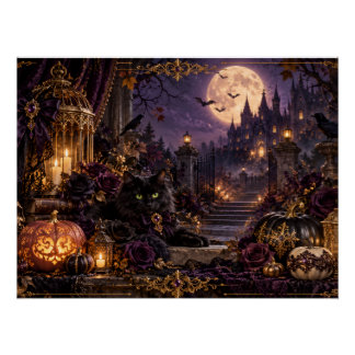 POSTER 幻想的なゴシックハロウィン 黒猫と月夜のグロッシーポスター