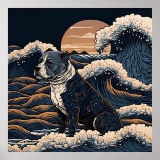 POSTER 日本の伝統的なヴィンテージデザインを使用したアート作品 躍動感のある波と犬