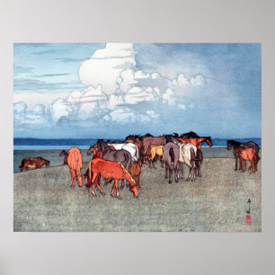 Poster 沼 崎 場, Chevaux, Hiroshi Yoshida, Bois