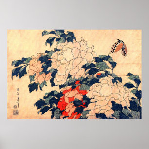Poster 牡 と 蝶, 北 Peonies et Papillon, Hokusai, Ukiyoe, 丹
