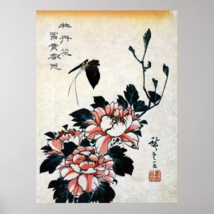 Poster 牡 丹 に 蝶, 広 Peonies et Papillon, Hiroshige, Ukiyo-e