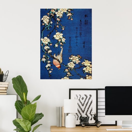 Poster 鳥と枝垂桜, 北斎 Bird and Weeping Cherry Tree, Hokusai (Bureau à domicile)