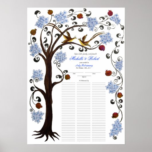 Poster 100 guests Quaker Wedding - Blue Tree of Life (Devant)