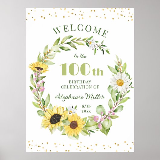 Poster 100e Dames Anniversaire Femme 100 Sunflower Bienve (Devant)
