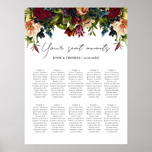 Poster 10 table Moody Floral Bourgogne Mariage Siège (Devant)