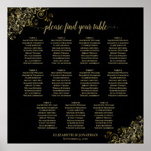 Poster 11 Table Wedding Seating Chart Gold Frills Black