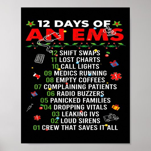 Poster 12 Days Of An Ems Emt Icu Nurse Christmas Xmas Fun (Devant)