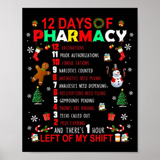 Poster 12 Days Of Pharmacy Funny Christmas Pharmacist Tec (Devant)