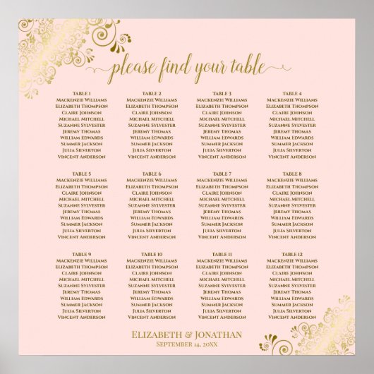 Poster 12 Table Blush Pink & Gold Wedding Seating Chart (Devant)