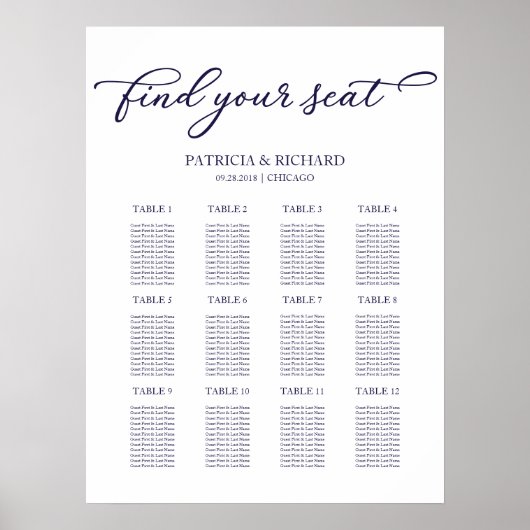 Poster 12 Tables Mariage Plan de siège Signal de script c (Devant)