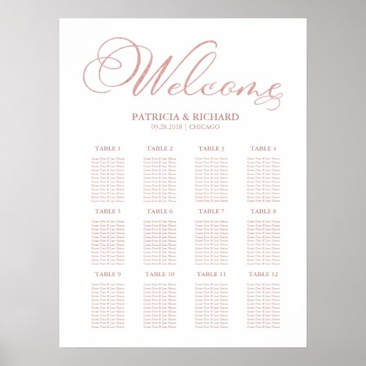 Poster 12 Tables Plan Mariage Siège Simple Élégant (Devant)