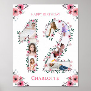 Poster 12e anniversaire Fille rose Photo Collage Blanc