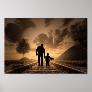 POSTER 12X12 PÈRE ET FILS SUR TRAIN TRACKS