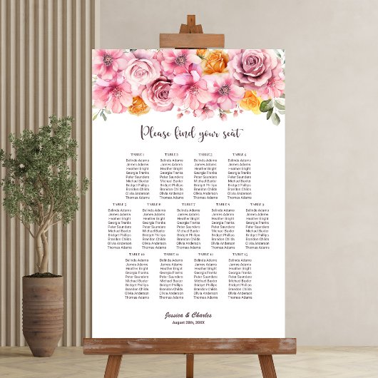 Poster 13 Table Élégant Rose Floral Plan de Table de Mari