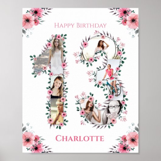 Poster 13e anniversaire Fille rose Photo Collage Blanc (Devant)