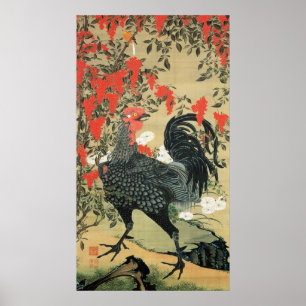 Poster 14. 南 天 雄 鶏 図, 冲 Noix rouges et coq, Jakuchu, 若