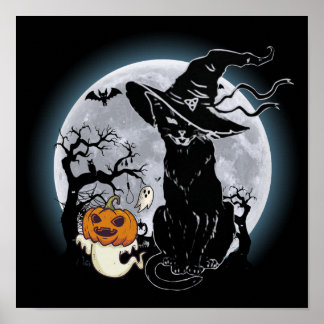 Poster 14 Halloween Chat noir sorcier Citrouille Horreur