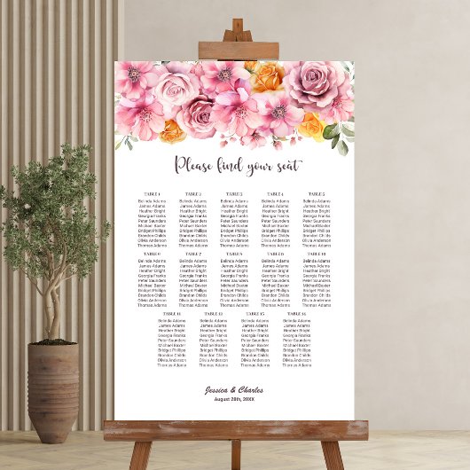 Poster 14 Table Élégant Chartes de Siège de Mariage Flora