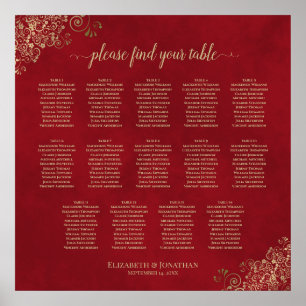 Poster 14 Table Frilly Mariage Seating Chart Rouge & Or
