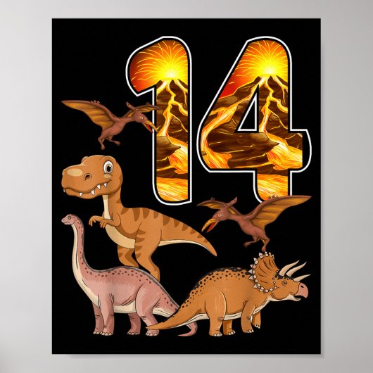 Poster 14th Birthday Dinosaur T-rex 14 Years Old Birthday (Devant)