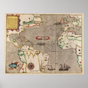 Poster 1589 Carte Voyage des Antilles de Sir Francis Drak