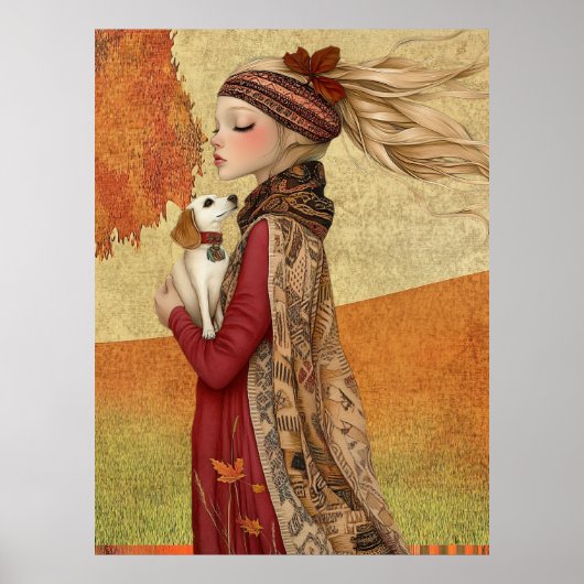 Poster *~* 15 FD2 Chien Automne Fille Whimsical Automne R (Devant)