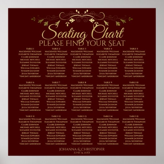 Poster 15 Table Gold & Auburn Brown Mariage Seating Chart (Devant)
