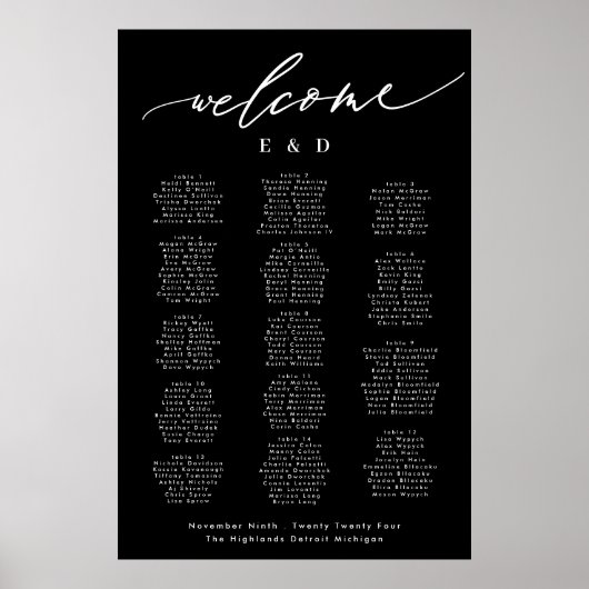 Poster 15 table Noir Calligraphie Mariage Bienvenue Siège (Devant)