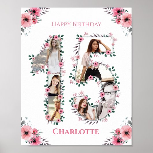 Poster 15e anniversaire Fille rose Photo Collage Blanc (Devant)
