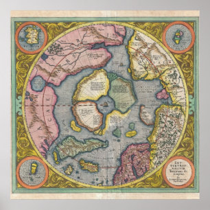 Poster 1606 Carte Mercator Hondius de l'Arctique