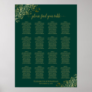 Poster 16 Table Emerald Green Wedding Seating Chart Gold